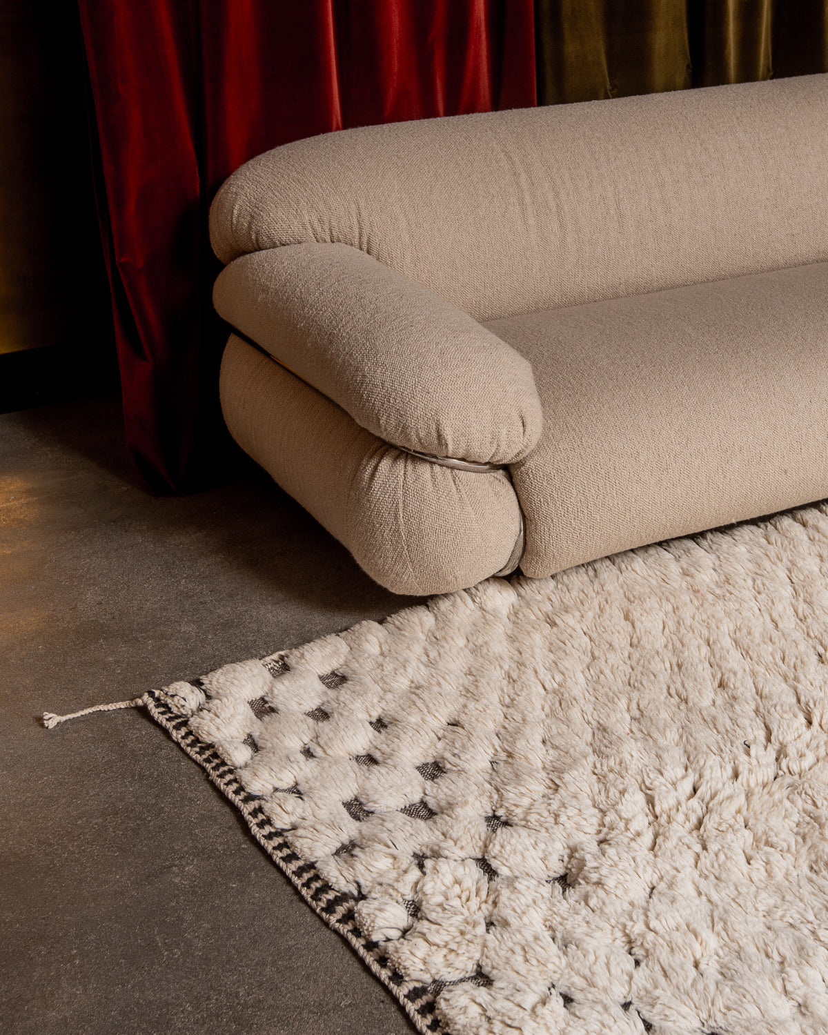 Modern, designer, handcrafted 100% sheep’s wool Berber rug from Morocco. Beni M’rirt carpet with beautiful colours and patterns and fluffy wool texture.